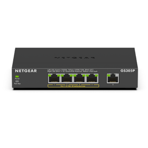 NETGEAR GS305Pv2 Switch Unmanaged Ethernet PoE 5 porte Gigabit, 4 porte PoE e budget energetico pari a 63W, senza ventole, Plug&Play