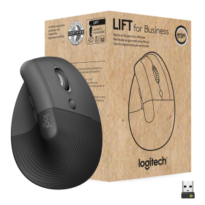 Logitech Lift for Business - Mouse verticale - ergonomico - 6 pulsanti - senza fili - Bluetooth, 2.4 GHz - ricevitore USB Logitech Logi Bolt - grafite