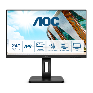 AOC Q24P2Q - Monitor a LED - 23.8" - 2560 x 1440 QHD @ 75 Hz - IPS - 250 cd/m² - 1000:1 - 4 ms - HDMI, VGA, DisplayPort - altoparlanti - nero