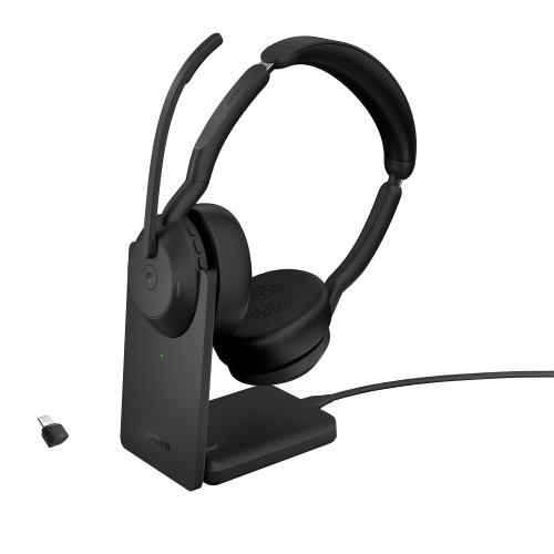 Jabra Evolve2 55 MS Stereo - Cuffie con microfono - over ear - Bluetooth - senza fili - eliminazione rumore attivata - USB-C - nero - con supporto di ricarica - Ottimizzato per Microsoft Teams