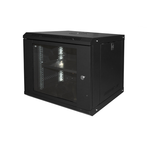 ARMADIO RACK 19" 9U LINK SERIE LIGHT COLORE NERO CON PORTA VETRO (AxPxL) MM 450X400X530 RIPIANO INCLUSO
