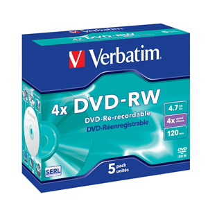 DVD-RW VERBATIM 4x/4,7GB/120miJ.CASE/CRYSTAL/SERL/KIT 5 PZ.