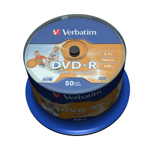 DVD-R VERBATIM 16X/4.7Gb/120MINUTI PRINTABLE FASTDRY CAKE50 43533